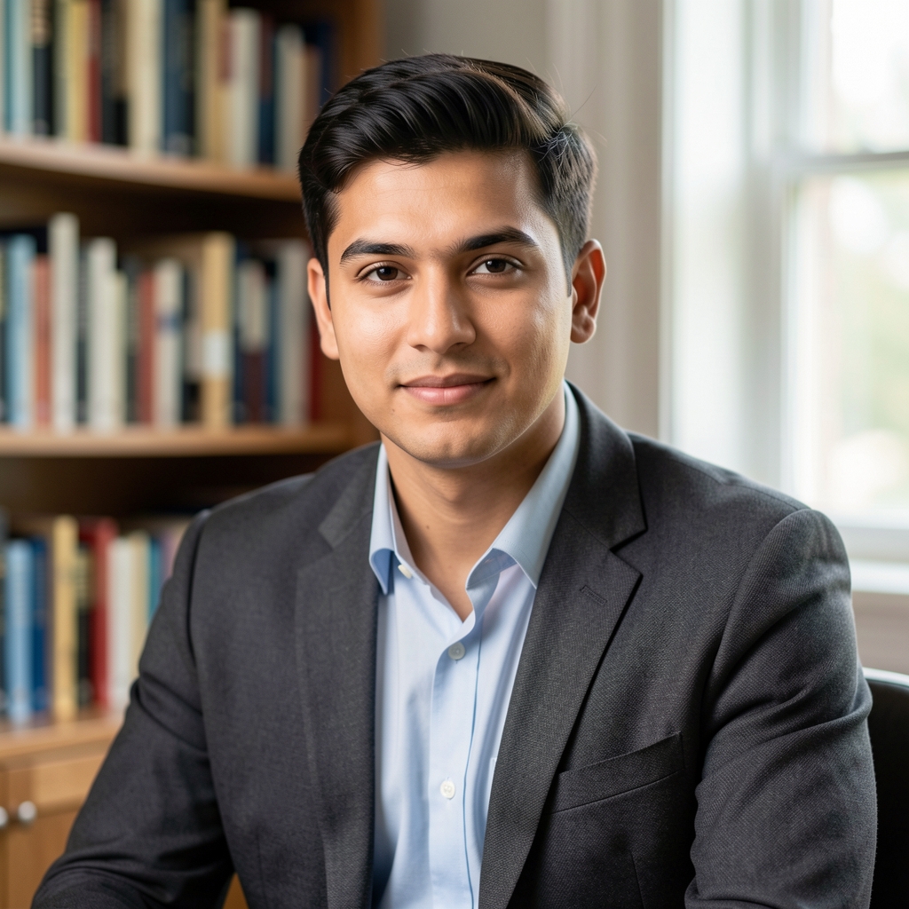 Editorial portrait of Tobias Ashcroft, contributing writer, seated in a naturally lit study with bookshelves behind